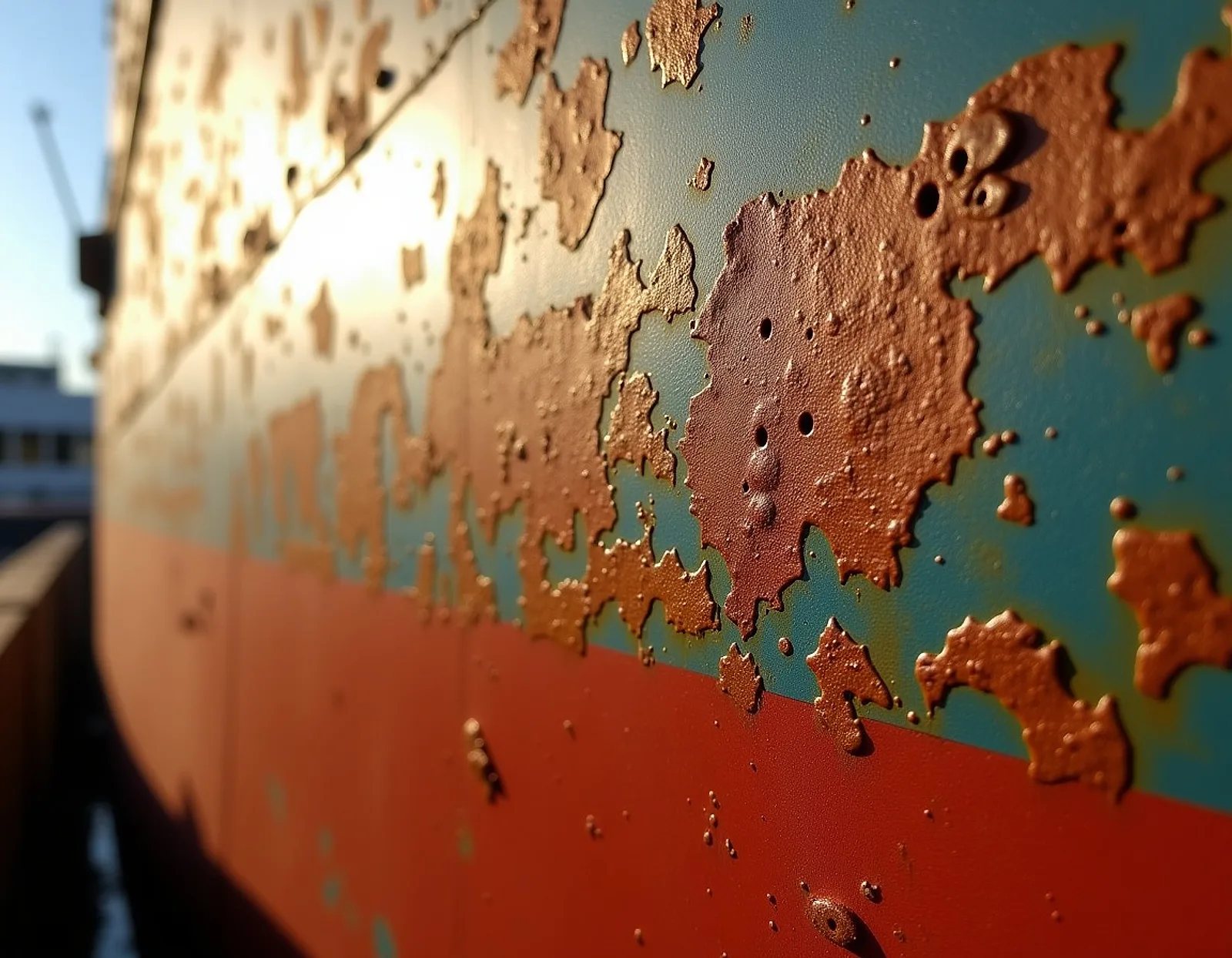 Weathered rusty ship hull plating with peeling paint