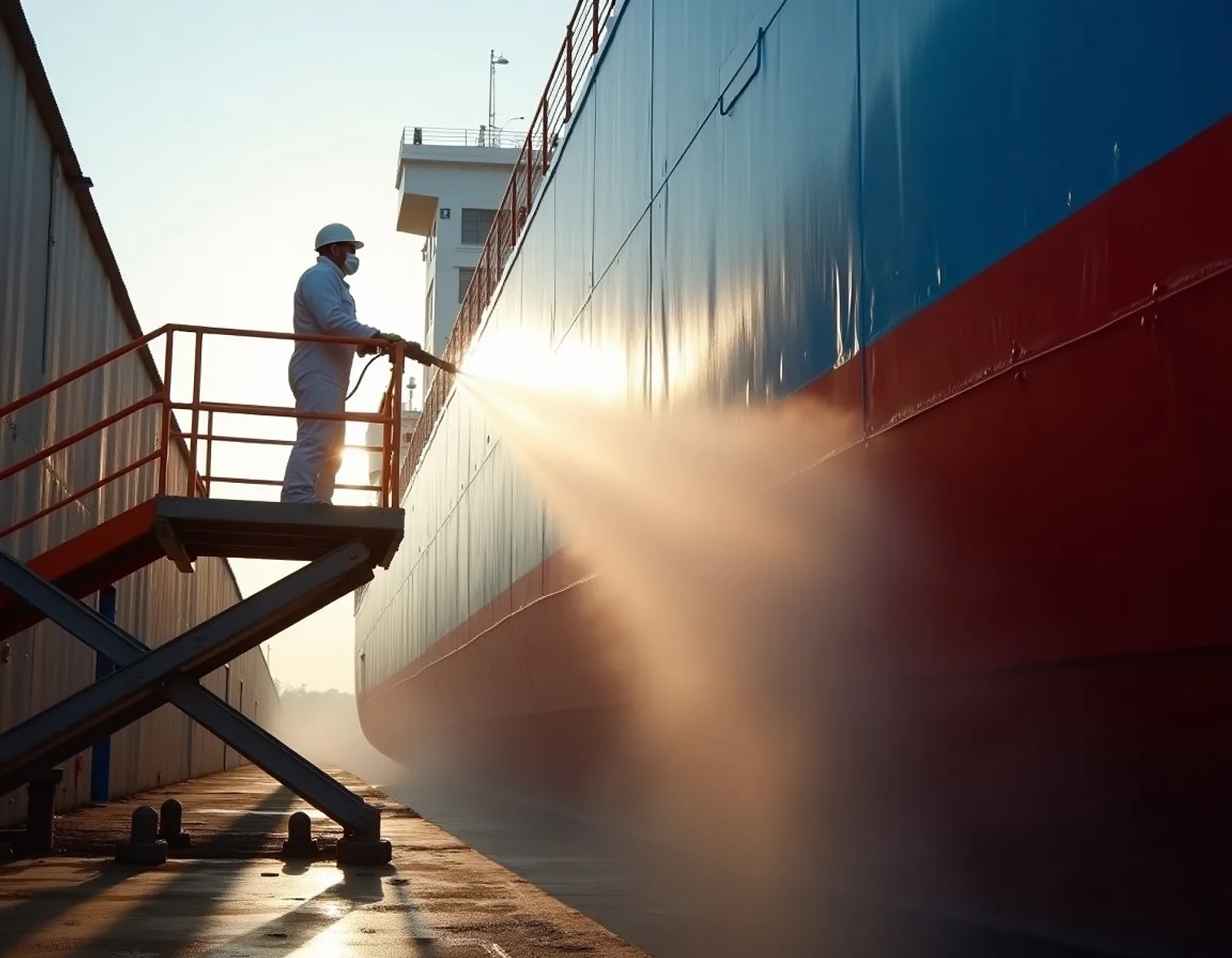 Worker on a platform spraying paint on a ship hull in a dry dock