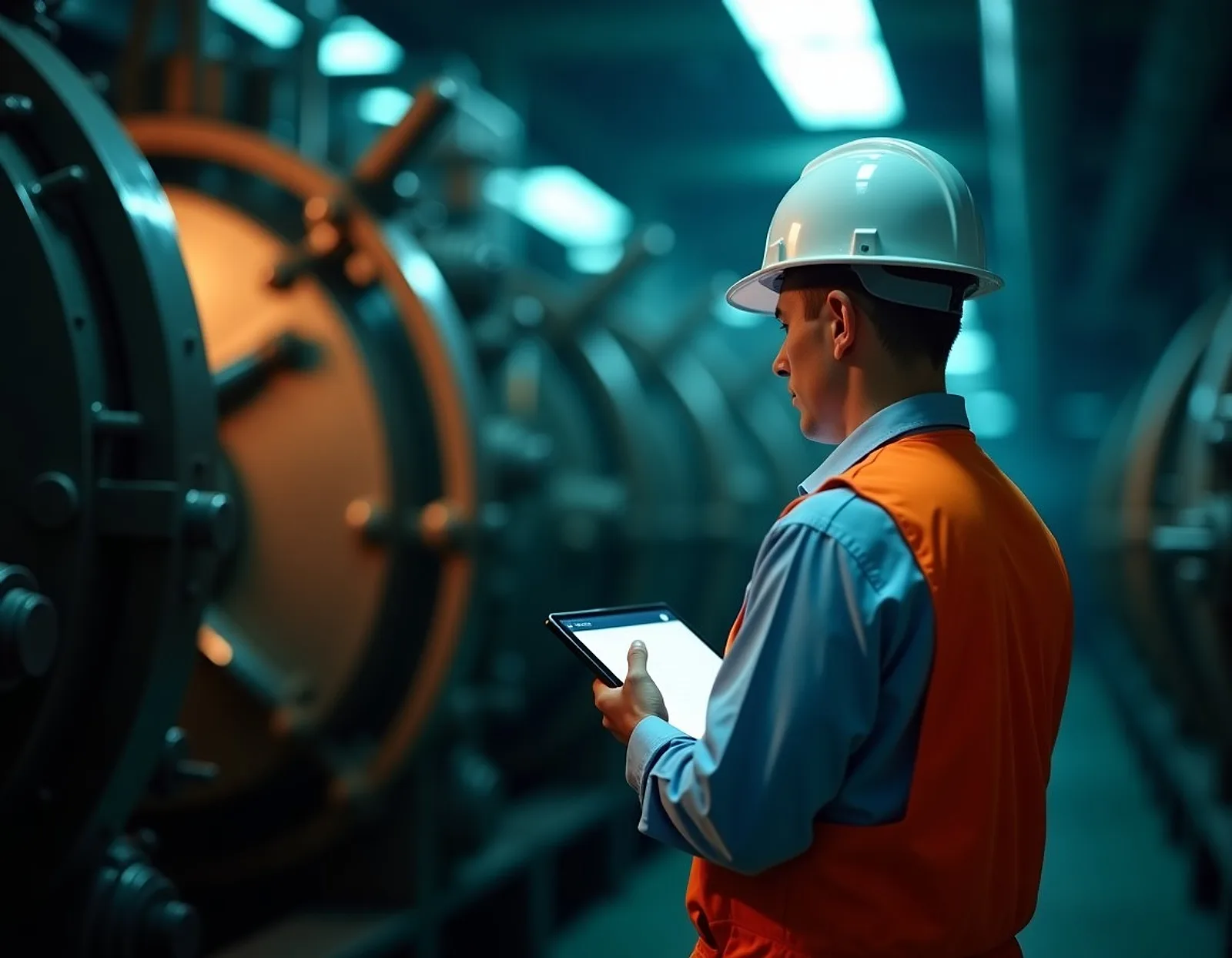 Surveyor in a white hard hat holding a tablet in a ship engine room